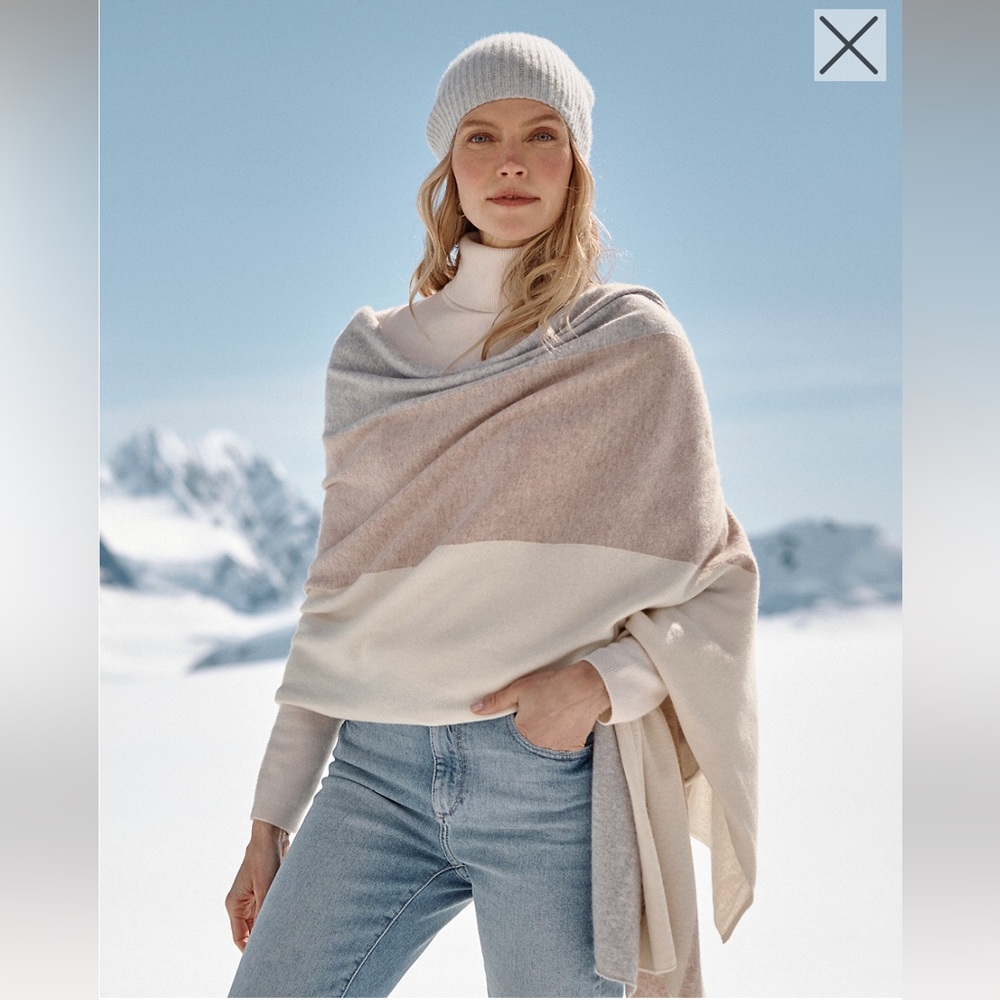 Garnet Hill NWT Cashmere Wrap Silver/Oat Stripe